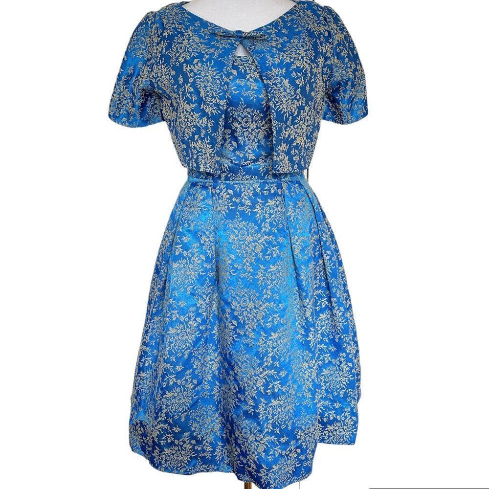 Vintage Blue Silk Brocade Pegged Dress and Shrug Handmade Size XS